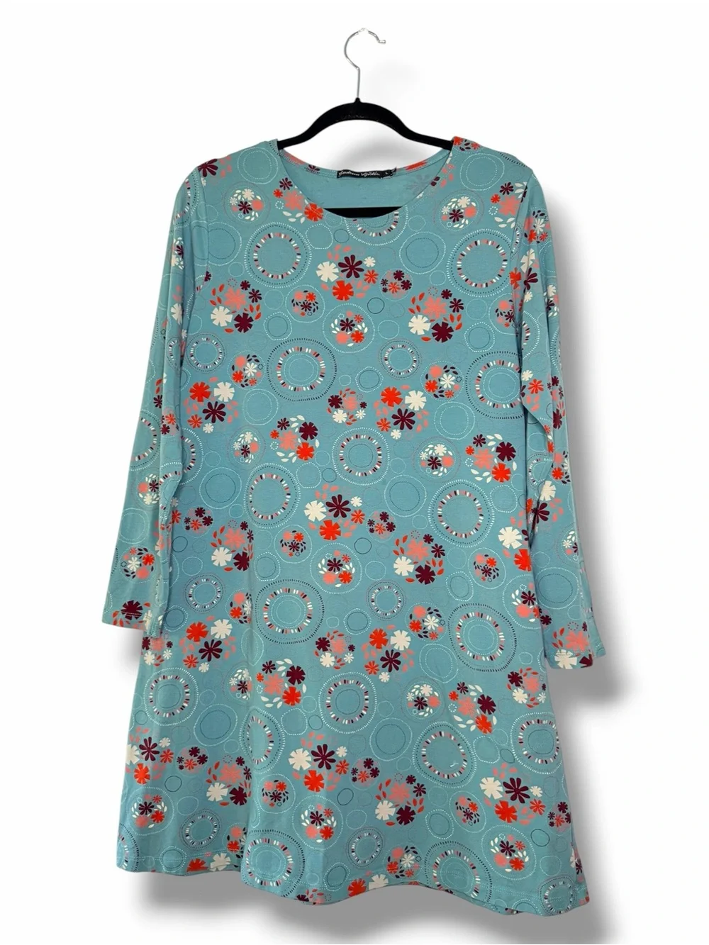 Gudrun Sjoden Teal Floral Artsy Swing Tunic Dress Lagenlook Organic Cotton Large - Picture 2 of 10